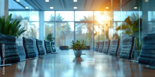 Modern Conference Room with Leather Chairs and Large Windows Overlooking Palm Trees