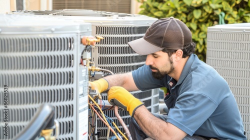Technician repairing an air conditioner unit outside. HVAC maintenance and repair service concept.