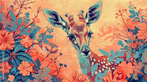 Vibrant Deer in Lush Floral Forest with Bold Colors and Detailed Patterns photo