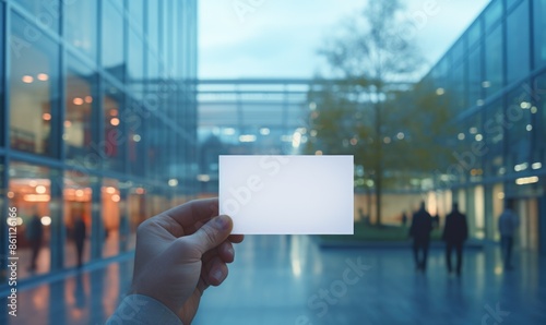 Blank Card in Hand Outside Modern Office Complex During Dusk photo