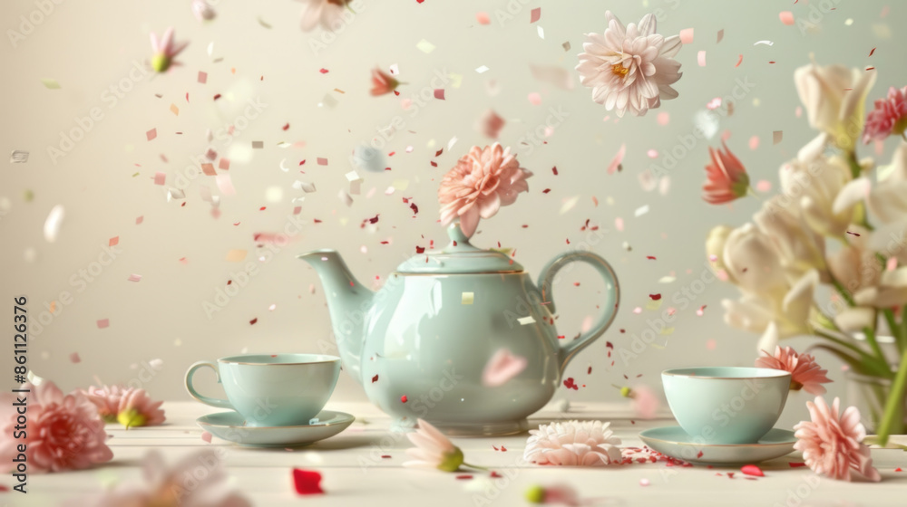 still life of a pastel green tea set still life of a pastel green tea set