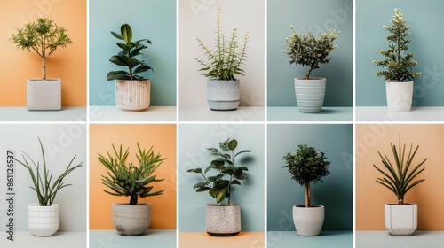 Collection of Trendy Indoor Plants in Stylish Pots Against Colorful Backgrounds photo