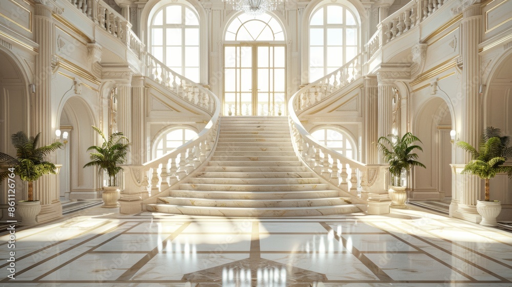 Obraz premium Elegant grand staircase with marble floors, arched windows, and ornate decor in a luxurious interior space with natural light.