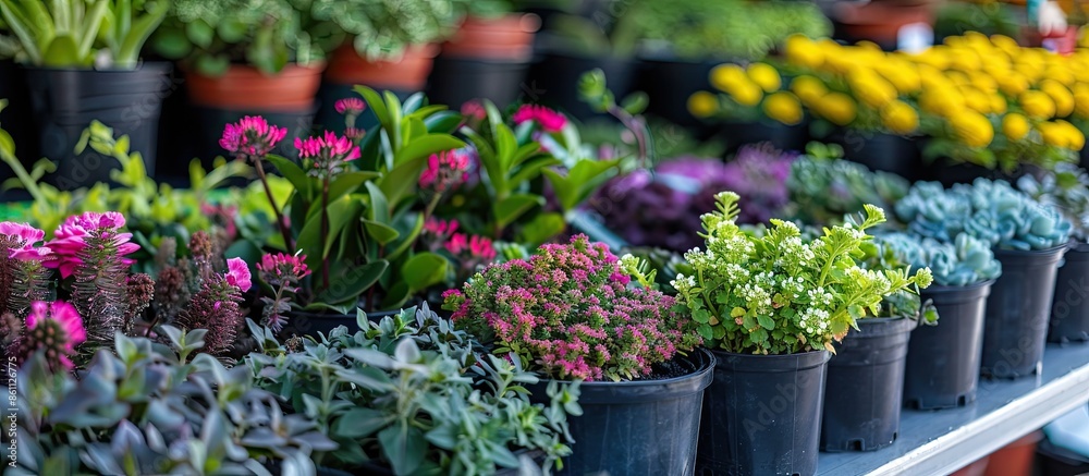 Home and garden plants in the pots on the summer garden market. Copy space image. Place for adding text and design Home and garden plants in the pots on the summer garden market. Copy space image. Place for adding text and design