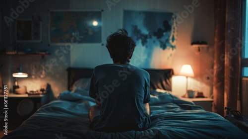 Person sitting on a bed in a dimly lit room, facing away. The scene is calm, with warm lights creating a serene and reflective atmosphere.