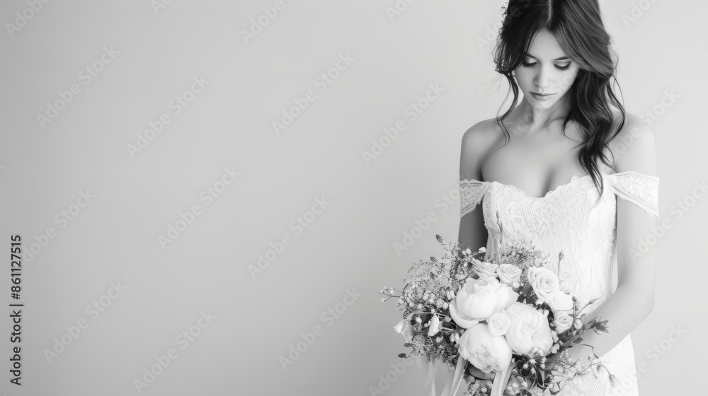 Romantic Bride Holding Bouquet in Black and White Wedding Photo Generative AI Romantic Bride Holding Bouquet in Black and White Wedding Photo Generative AI