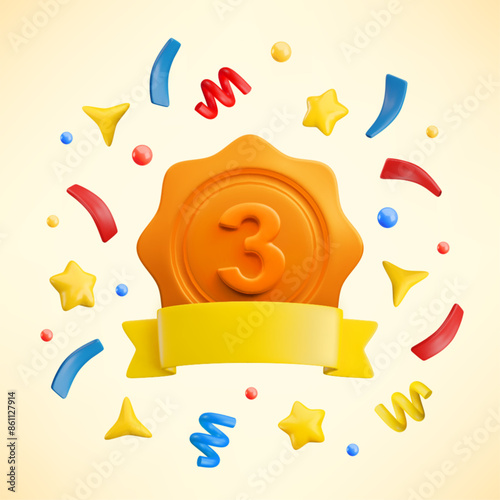 Vector cartoon 3d medal with number three, yellow ribbon, stars and confetti. Trendy realistic bronze round wavy third place award, festive winner badge sign. Cute 3d render prize illustration.