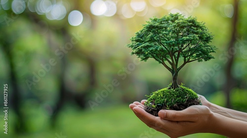 Hands cradle Earth and tree on green background, suitable for World Environment Day promotions, with copy space.