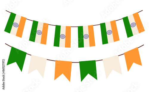 Hanging flags on ropes in honor of the Indian festival. Indian flags bunting garland. Decoration for Republic day and Independence day. Vector illustration. Isolated on white background.