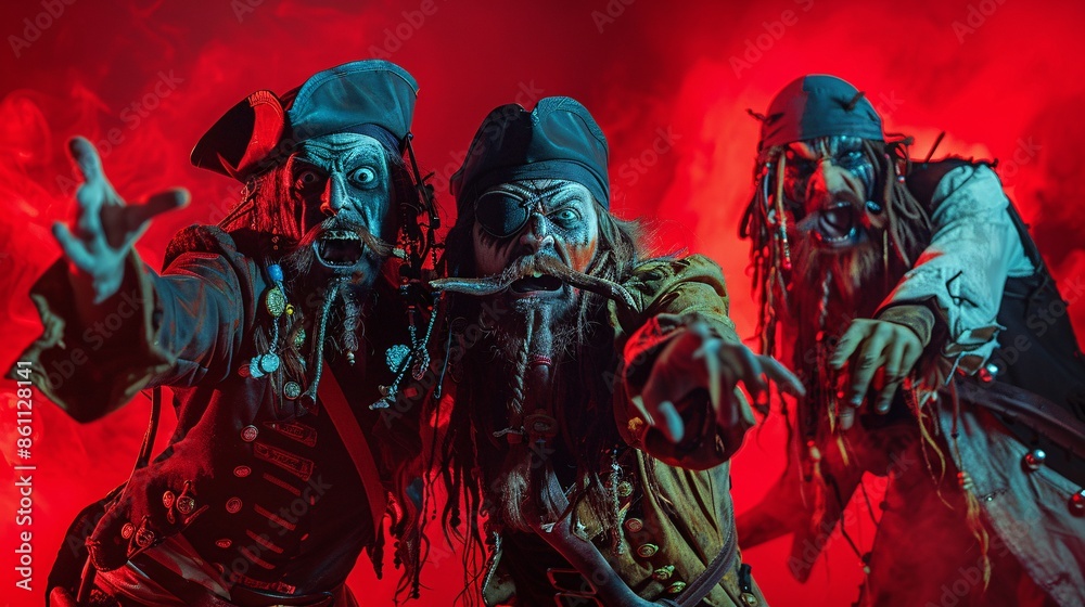 Three men dressed as pirates with dramatic expressions and red smoky background Three men dressed as pirates with dramatic expressions and red smoky background