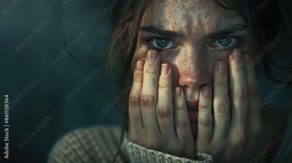 Intense Emotional Portrait of a Woman with Dirtstreaked Face and Hands Covering Mouth Intense Emotional Portrait of a Woman with Dirtstreaked Face and Hands Covering Mouth