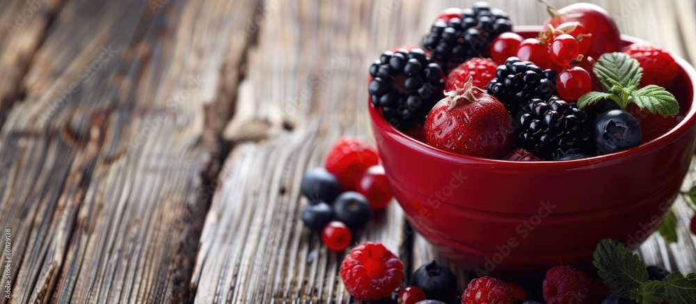 Ripe sweet different berries in red bowl on rustic wooden table. Harvest Concept. Copy space image. Place for adding text or design Ripe sweet different berries in red bowl on rustic wooden table. Harvest Concept. Copy space image. Place for adding text or design