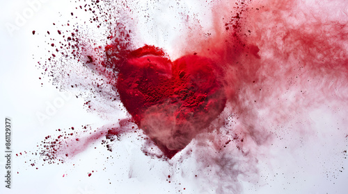 Red exploding heart made from powder on white background