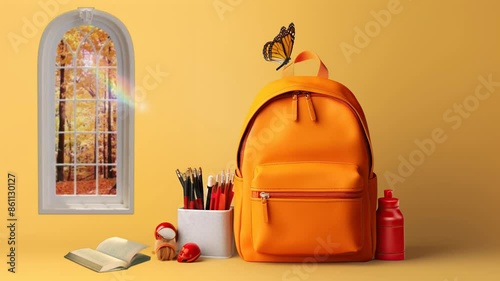 School backpack with books and stationery. Seamless looping video background. Back to School Day Celebration and Book Day.