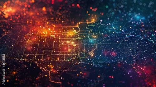 A vibrant 2D map displaying various geographical regions with distinct colors representing different data points This map features a heat map overlay to illustrate the distribution of data intensity