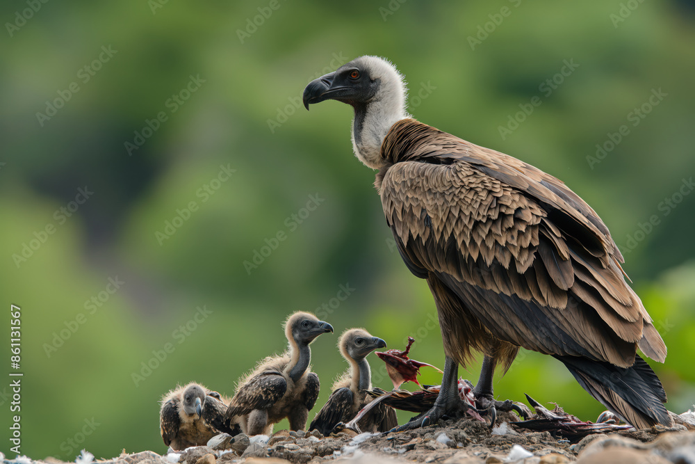 Griffon vulture protecting chicks on rock nest Griffon vulture protecting chicks on rock nest