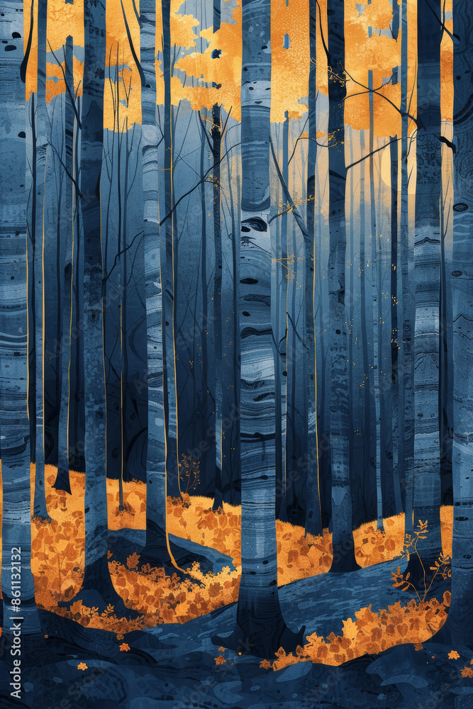 Fototapeta premium A painting of a forest with trees in the foreground and background