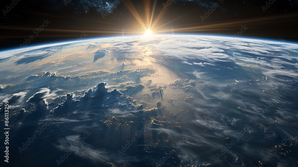 Earth in space with sun, moon, and atmosphere Earth in space with sun, moon, and atmosphere