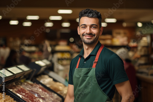 Worker in apron stands before food counte