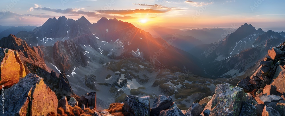 Obraz premium A panoramic view of the Alps at sunrise, with golden rays illuminating mountain peaks and chickens in their natural habitat. The sky is painted in hues of orange and pink as it rises above rugged c