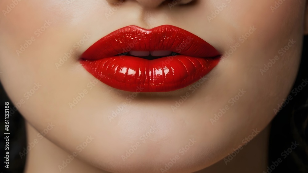 Fototapeta premium Close-up beautiful young attractive woman with super bright red hot lipstick, sensual girl wearing stunning color makeup, flirty radiant female confident look beautiful womanly and feminine cosmetics