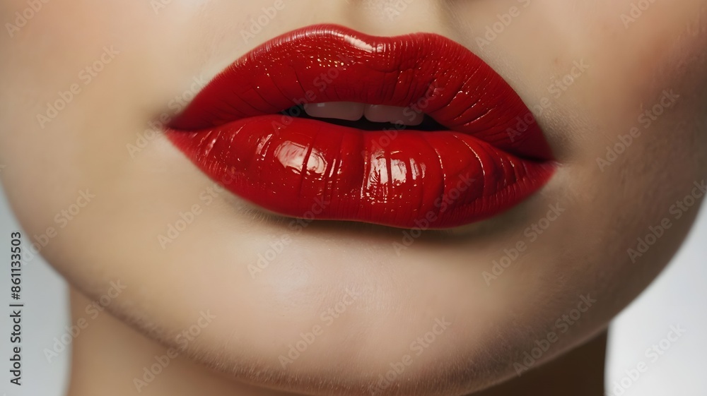 Fototapeta premium Close-up beautiful young attractive woman with super bright red hot lipstick, sensual girl wearing stunning color makeup, flirty radiant female confident look beautiful womanly and feminine cosmetics