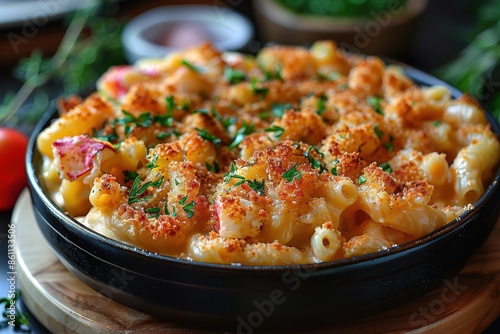 A bowl of lobster mac and cheese, made with a creamy cheese sauce and topped with breadcrumbs. 