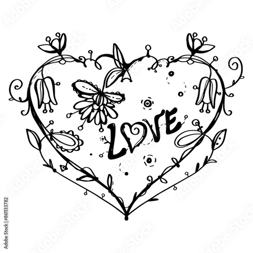 Boho style heart - black lines doodles. With the word 