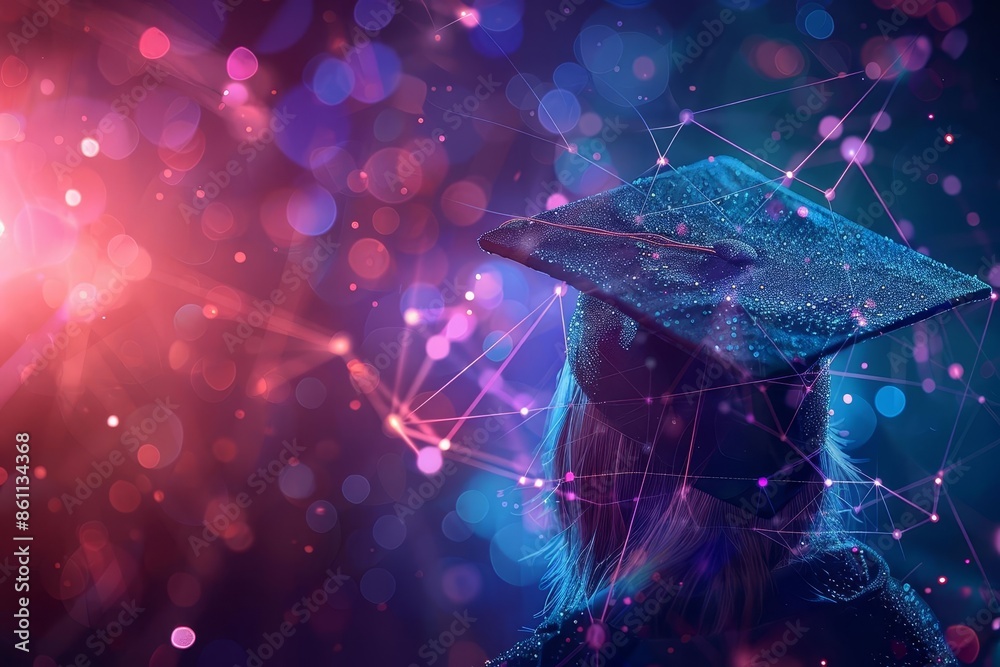 Banner with a graduation cap and diploma overlaid on a digital network ...
