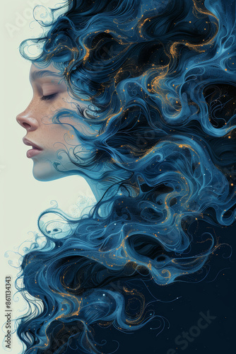 A woman with long blue hair is the main subject of the © inspiring 