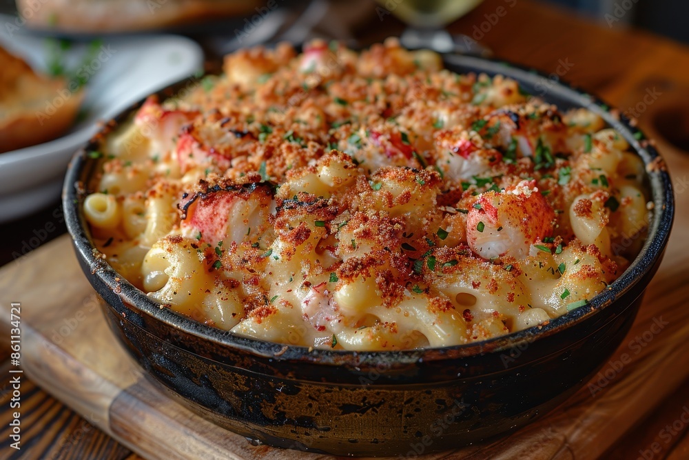 A bowl of lobster mac and cheese, made with a creamy cheese sauce and topped with breadcrumbs. A bowl of lobster mac and cheese, made with a creamy cheese sauce and topped with breadcrumbs.