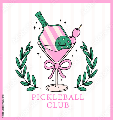 Retro preppy Pickleball Vector Trendy girly club Doodle Drawing