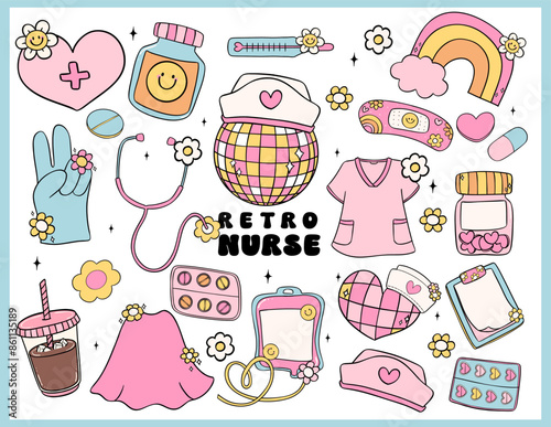 Retro groovy Disco nurse life with trendy vibrant pastel equipment doodle line drawings collection.
