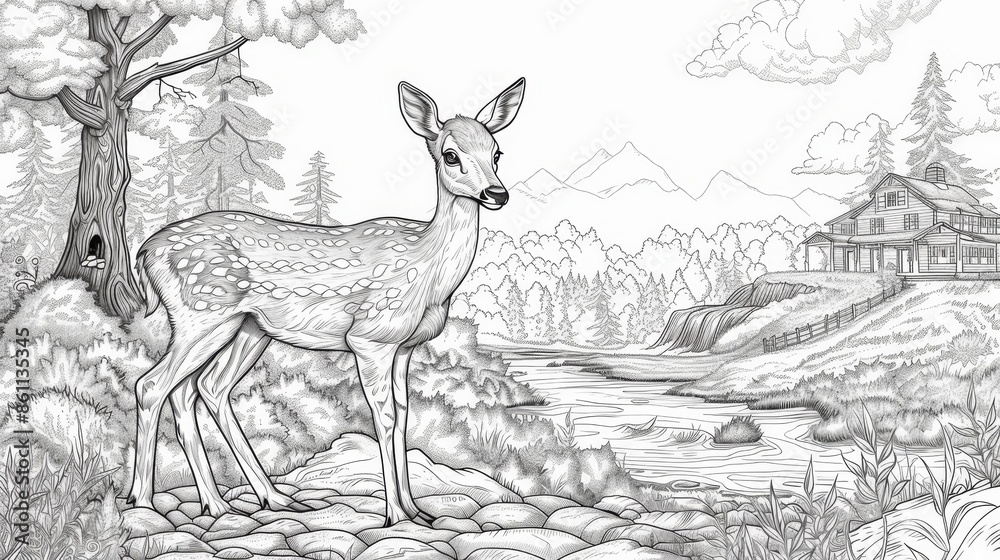 coloring book A graceful deer stands in the dappled sunlight, its antlers silhouetted against the sky coloring book A graceful deer stands in the dappled sunlight, its antlers silhouetted against the sky