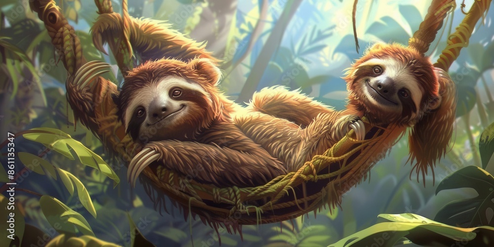 Fototapeta premium Lazy Days. Tranquil sloth resting on a tree branch in lush rainforest setting