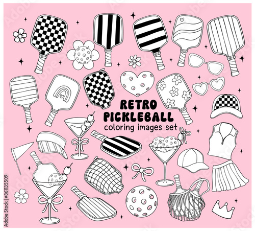 Retro Groovy Pickleball outline coloring images Vector Trendy Collection Doodle Drawing element set.