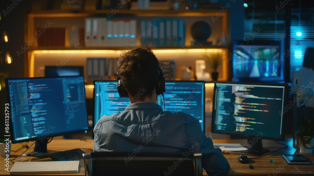 A focused software engineer writing code on multiple computer screens in a tech startup office.