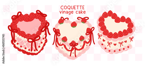 Coquette Vintage Heart shape Cake Strawberries with ribbon bow collection Illustration Groovy Retro Design banner