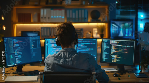 Obraz na płótnie A focused software engineer writing code on multiple computer screens in a tech startup office. w salonie