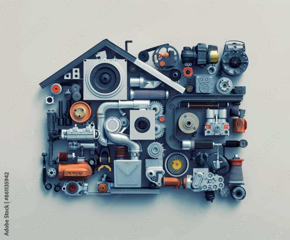 House made of various mechanical parts. AI. House made of various mechanical parts. AI.