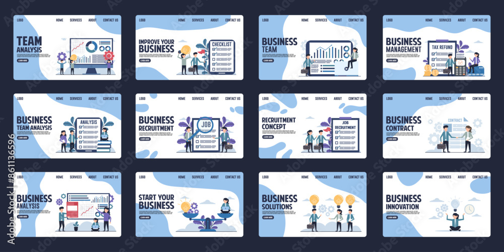 Set of landing page design templates for business and finance. Flat design vector illustration concept for website and mobile website development Set of landing page design templates for business and finance. Flat design vector illustration concept for website and mobile website development