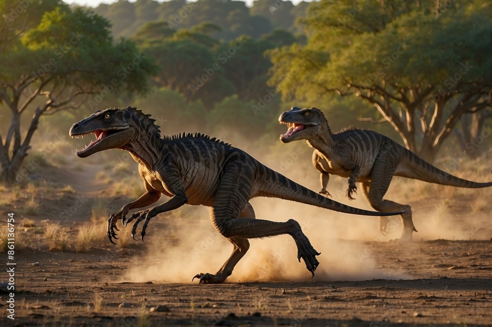 Fototapeta premium Two dinosaurs are running through a forest. AI.