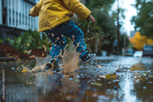 Child splashing in a puddle on a rainy day, wearing a yellow raincoat and blue jeans, capturing a joyful and playful moment