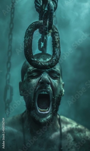 A man screams in pain as he is held underwater by a rusty chain. AI. photo