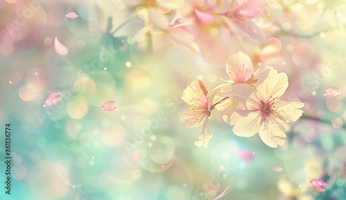 Soft focus of beautiful cherry blossom flowers against a blurred background. AI.