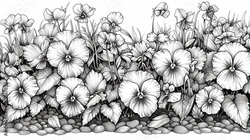 coloring book Black and white image of a garden of pansies.