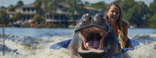 A woman riding a hippopotamus-shaped float in the water. AI. photo