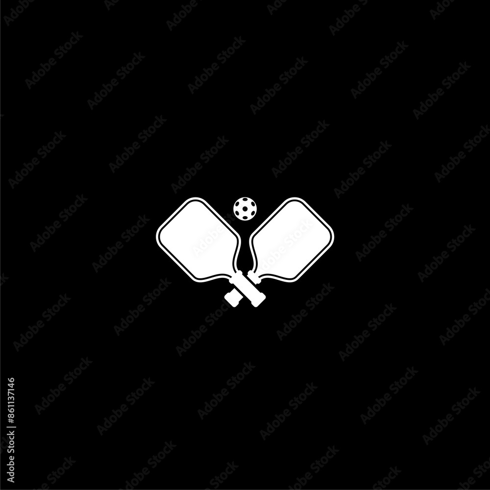 Two pickleball paddles and ball icon isolated on dark background Two pickleball paddles and ball icon isolated on dark background