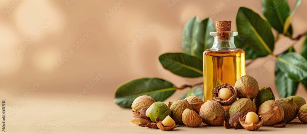 Macadamia nuts heap and macadamia oil in glass bottle Isolated on pastel background. Copy space image. Place for adding text and design Macadamia nuts heap and macadamia oil in glass bottle Isolated on pastel background. Copy space image. Place for adding text and design