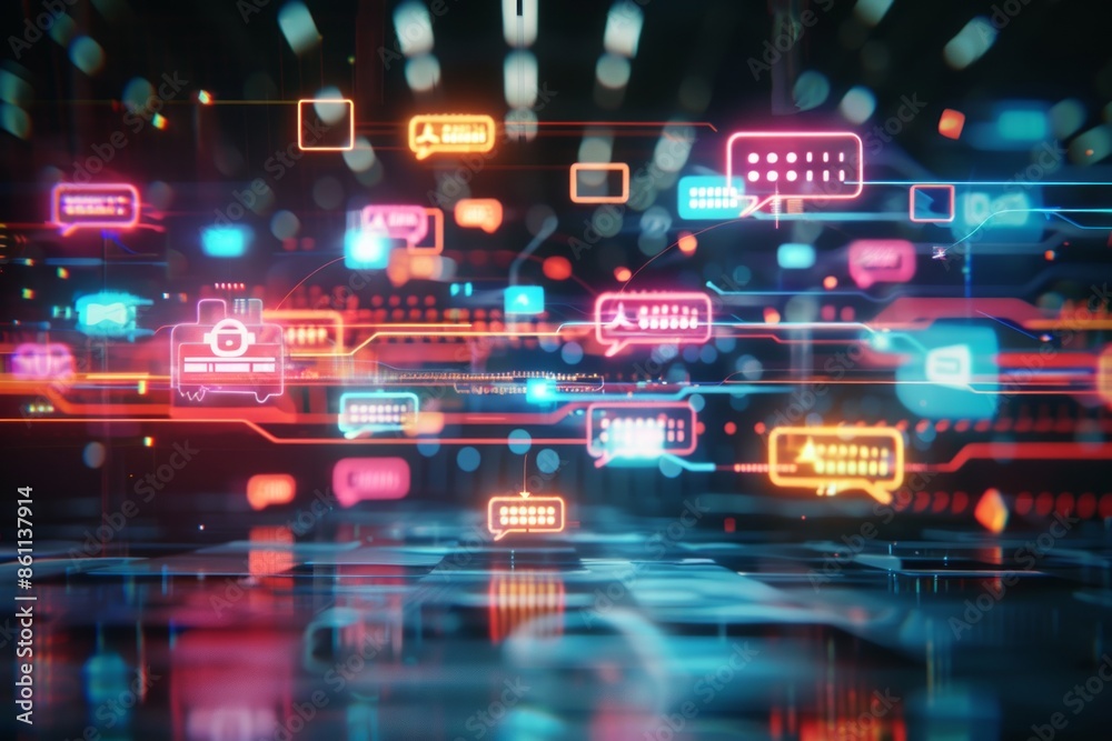 Digital generated image of abstract AI data chat icons flying over digital surface. Digital generated image of abstract AI data chat icons flying over digital surface.